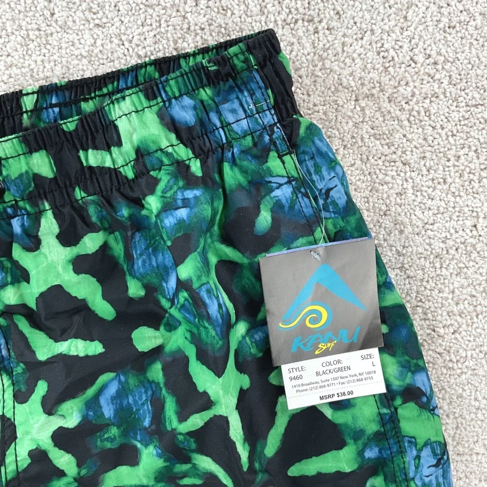 Kanu Surf Mens Hydro Swim Trunks Green Black‎ Abstract Camo Mesh Lined Large NEW